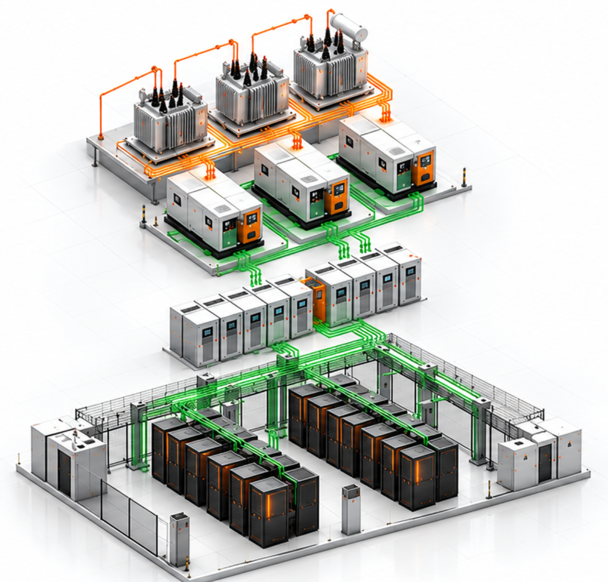 Radore Datacenter 2 trafo, jeneratör, UPS ve rack kabin güç dağıtım diyagramı