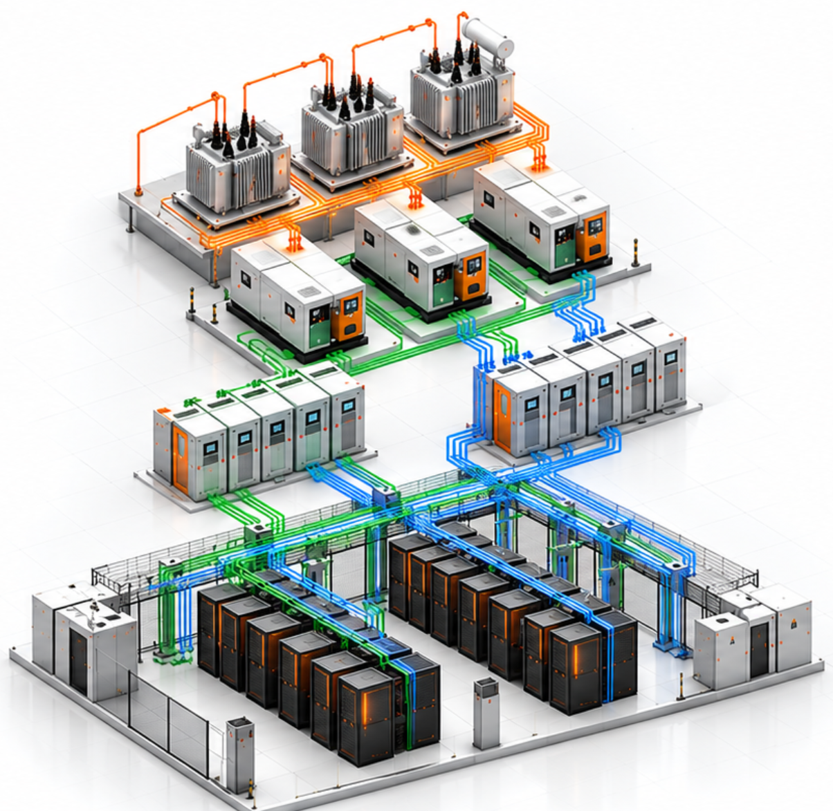 Radore Datacenter 3 trafo, jeneratör, UPS ve rack kabin güç dağıtım diyagramı